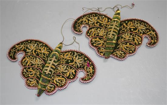 A pair of Chinese metal thread embroidered green velvet butterfly decorations, W. 17cm